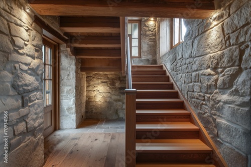 Rustic Elegance: Cozy Hallway with Wooden Staircase and Stone Cladding Wall, Modern Home Interior Entrance