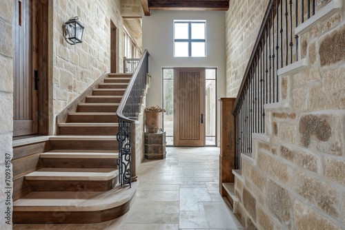 Rustic Elegance: Cozy Hallway with Wooden Staircase and Stone Cladding Wall, Modern Home Interior Entrance