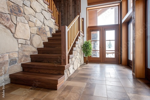 Rustic Elegance  Cozy Hallway with Wooden Staircase and Stone Cladding Wall  Modern Home Interior Entrance