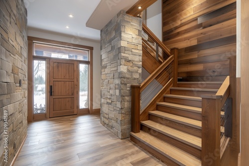 Rustic Elegance: Cozy Hallway with Wooden Staircase and Stone Cladding Wall, Modern Home Interior Entrance