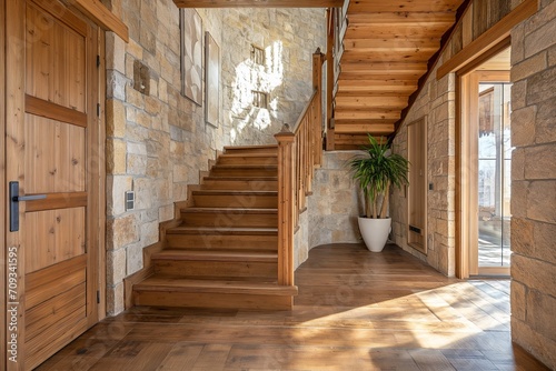 Rustic Elegance  Cozy Hallway with Wooden Staircase and Stone Cladding Wall  Modern Home Interior Entrance