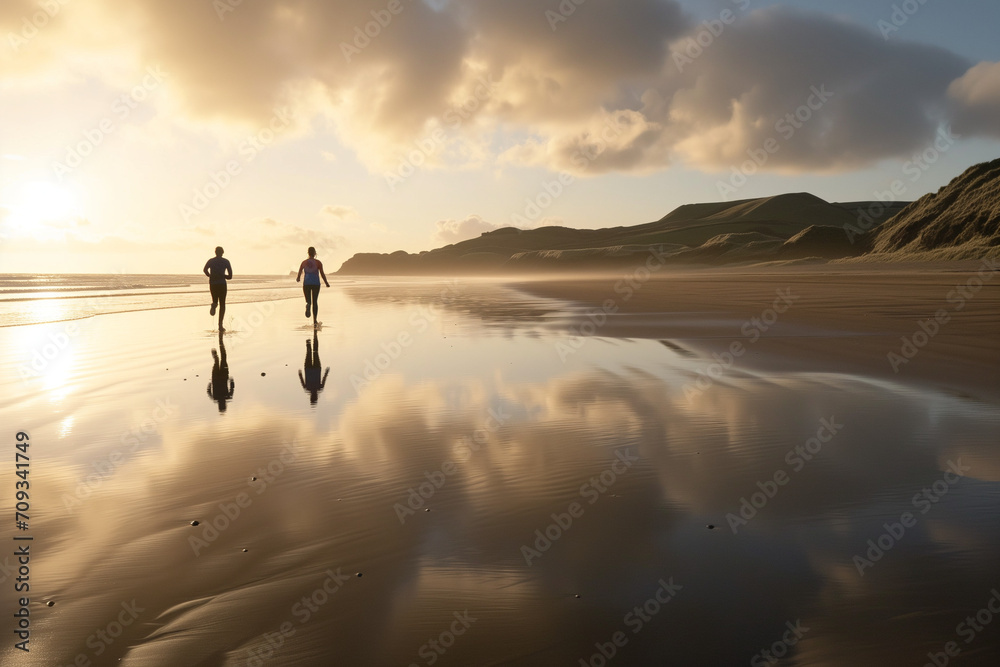 This is an image of two individuals running along a beach, with the sun low in the sky creating reflections on the wet sand, with hills in the background