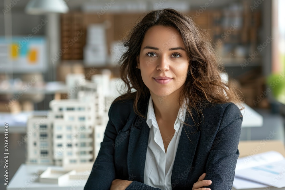 Professional studio portrait of an American businesswoman as a real estate agent, with property listings and architectural models, isolated on a background of a real estate office Professional studio portrait of an American businesswoman as a real estate agent, with property listings and architectural models, isolated on a background of a real estate office
