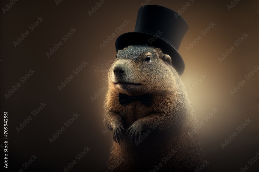 A groundhog wearing a top hat.  - obrazy, fototapety, plakaty 