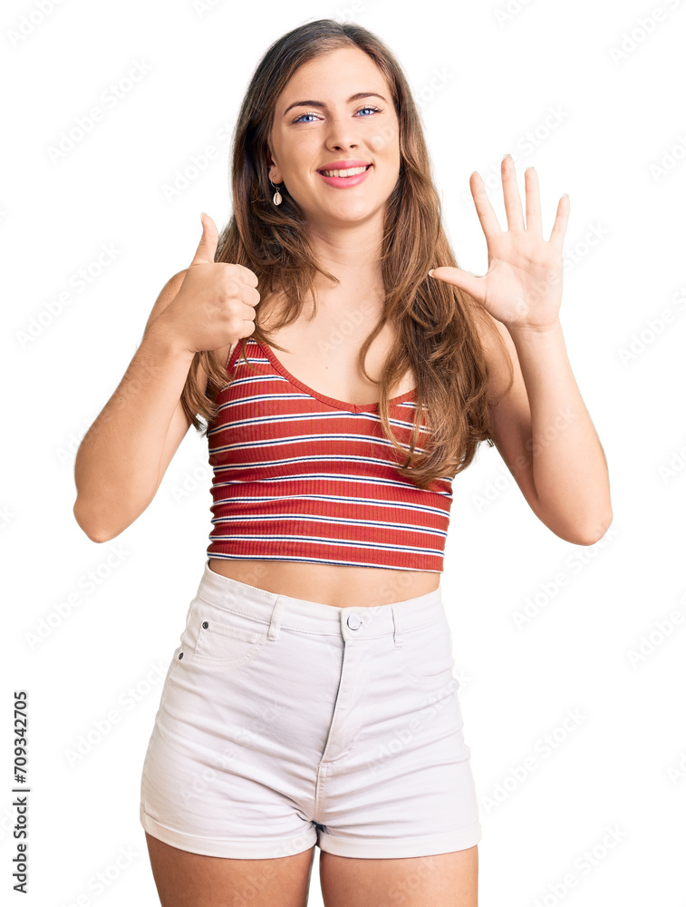 Beautiful caucasian young woman wearing casual clothes showing and pointing up with fingers number six while smiling confident and happy.