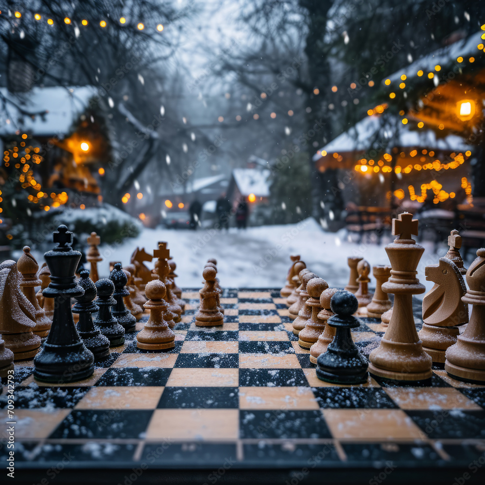 Chess board on carpet containing chess pieces. An image of a chess