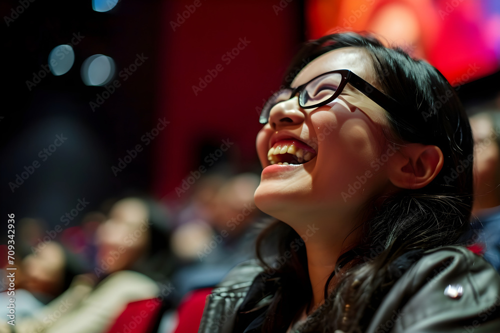 happy Asian woman in cinema watching movie