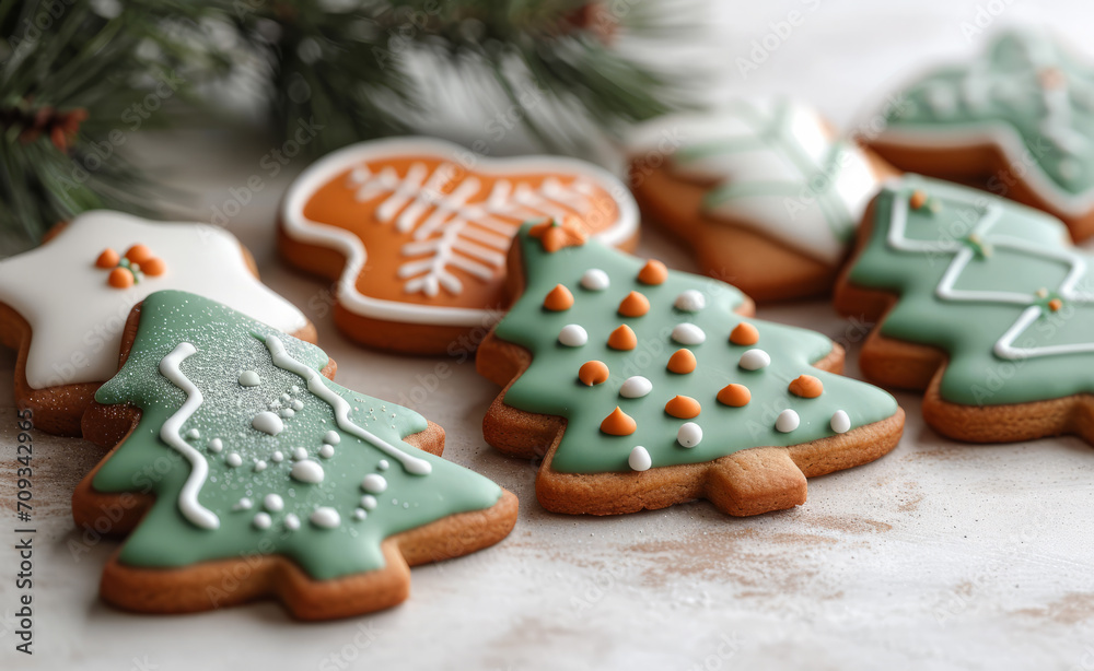 Four christmas cookies on a large white background. A table filled with a wide variety of beautifully decorated cookies that are perfect for all celebrations.