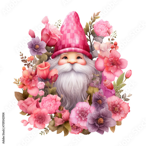 pink gnome with flowers, watercolor Valentines clipart
