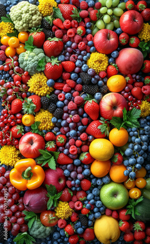 Fruit and vegetable image wallpapers. A vibrant array of various nutritious fruits and vegetables artfully arranged for display.