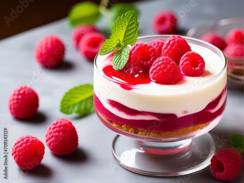 raspberry cheese cake dessert in glass, trifle with fresh berries photo