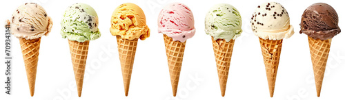 Many assorted ice cream on waffle cone flavors isolated on white or transparent background. photo