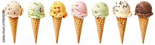 Many assorted ice cream on waffle cone flavors isolated on white or transparent background. © Jaroslaw