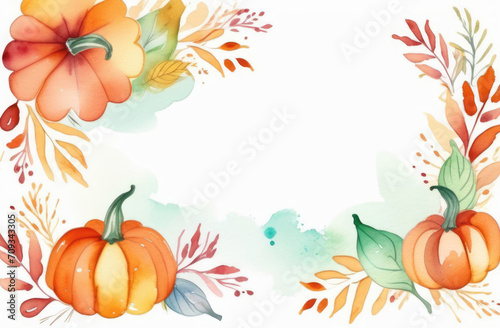 Watercolor autumn background with pumpkins and leaves.