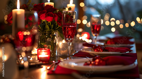 Romantic Valentine's Dinner Table Setting with Roses and Candles