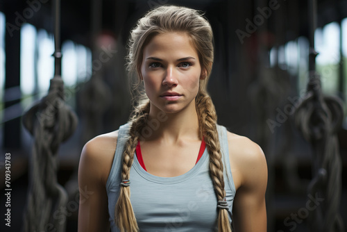 Athletic woman with blond hair in sports bra looking at camera