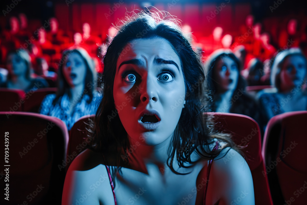 Fototapeta premium woman in cinema terrified reaction
