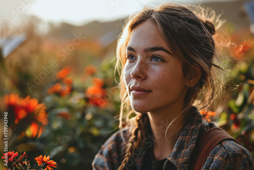 Serene Young Woman Enjoying Sunset in Flower Field Generative AI image