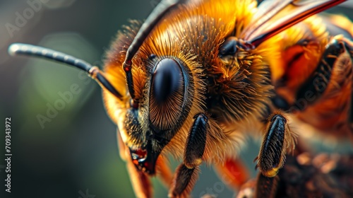 Generative AI image of An insane close-up head shot of a flying bee