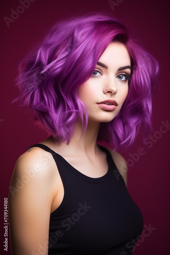 Generative AI image of Beautiful violet hair girl, minimalism, with magenta background