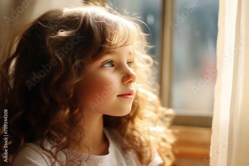 Contemplative little curly blonde girl looks out window, bathed in warm, natural light. Close up portrait. Natural simplicity, naivety, pure soul.