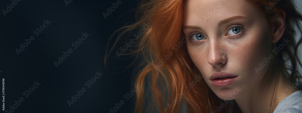 Generative AI image of a sad red head woman