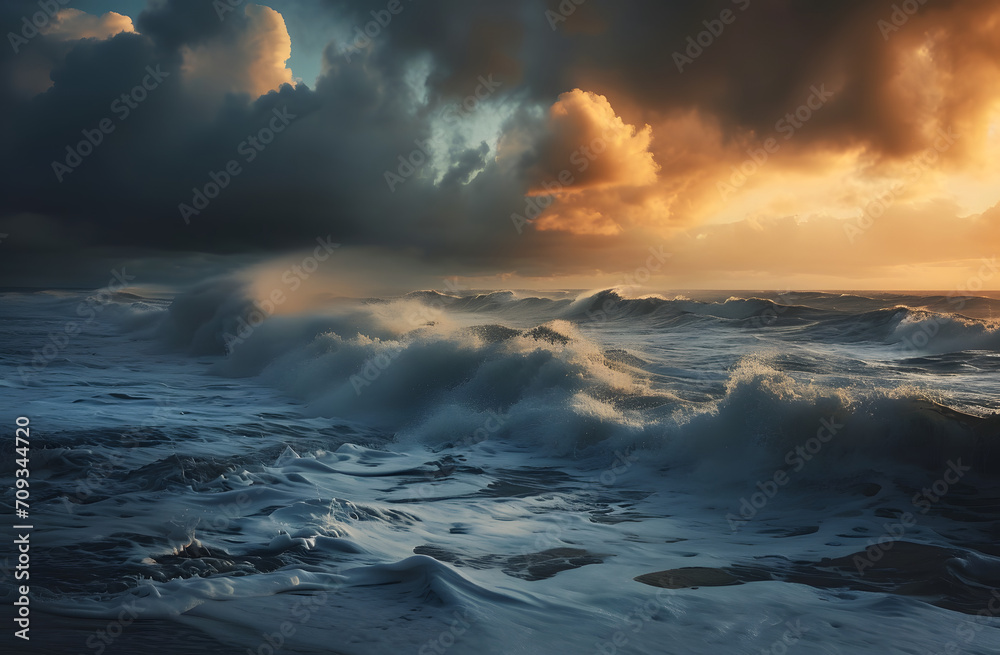 Fototapeta premium Dramatic Ocean Sunset with Crashing Waves