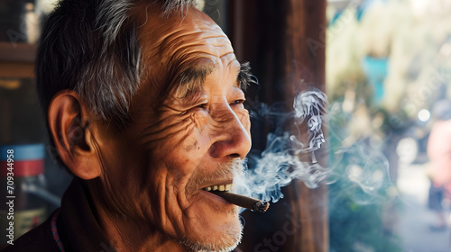 happy retired senior Asian man smoking medicinal cannabis blunt outside in nature