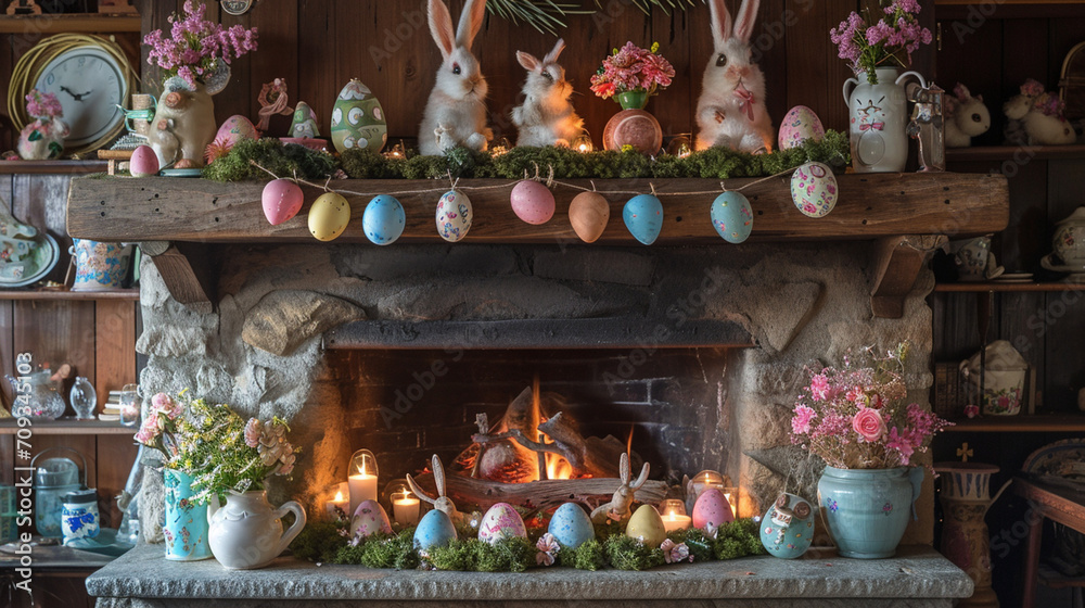 A cosily decorated living room in a cottage, featuring a traditional fireplace with springtime and Easter decorations. Vibrant pastel colours and rustic decor add a festive touch