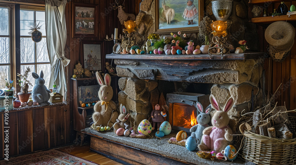 A cosily decorated living room in a cottage, featuring a traditional fireplace with springtime and Easter decorations. Vibrant pastel colours and rustic decor add a festive touch