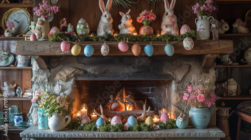 A cosily decorated living room in a cottage  featuring a traditional fireplace with springtime and Easter decorations. Vibrant pastel colours and rustic decor add a festive touch