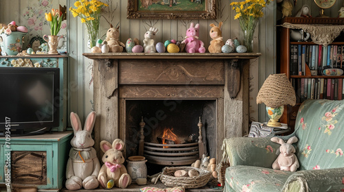 A cosily decorated living room in a cottage  featuring a traditional fireplace with springtime and Easter decorations. Vibrant pastel colours and rustic decor add a festive touch