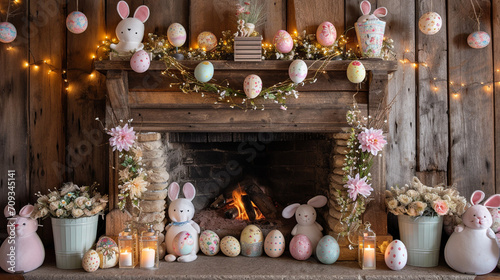 A cosily decorated living room in a cottage, featuring a traditional fireplace with springtime and Easter decorations. Vibrant pastel colours and rustic decor add a festive touch