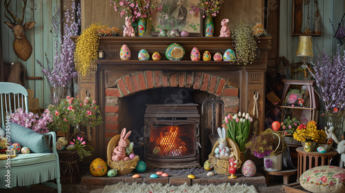 A cosily decorated living room in a cottage, featuring a traditional fireplace with springtime and Easter decorations. Vibrant pastel colours and rustic decor add a festive touch