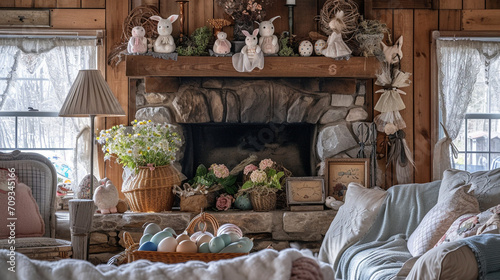 A cosily decorated living room in a cottage, featuring a traditional fireplace with springtime and Easter decorations. Vibrant pastel colours and rustic decor add a festive touch