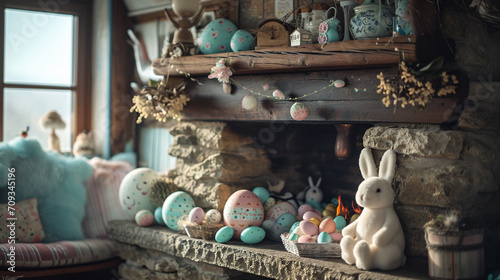 A cosily decorated living room in a cottage, featuring a traditional fireplace with springtime and Easter decorations. Vibrant pastel colours and rustic decor add a festive touch