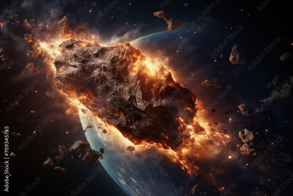 Fototapeta premium a huge gigantic burning asteroid in space flyng towards the planet earth