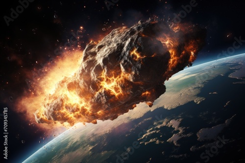 a huge gigantic burning asteroid in space flyng towards the planet earth. collides with surface