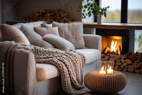 Beige chunky knit throw on grey sofa. Сoffee table with candles against fireplace. Scandinavian farmhouse, hygge home interior design of modern living room