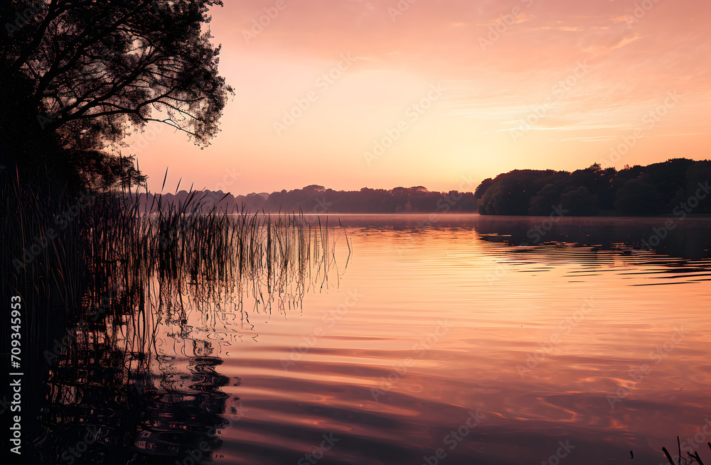 Tranquil Lake Sunset with Reflective Water