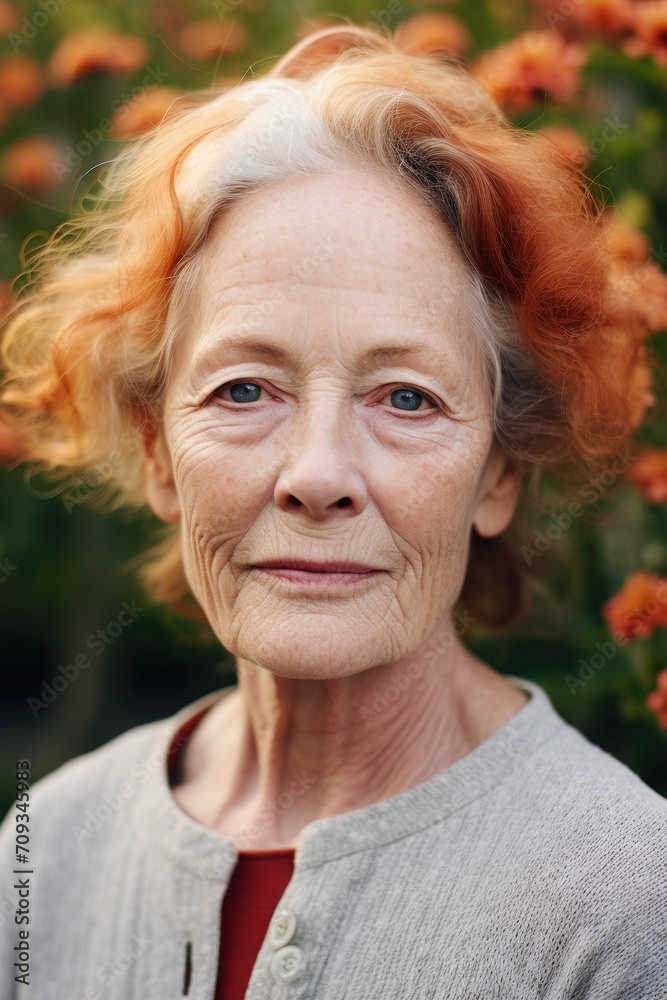 Close up confident senior elderly woman with red hair, striking blue eyes, framed by delicate pink flowers. Delicate portrait of natural Beautiful aging. Roses garden