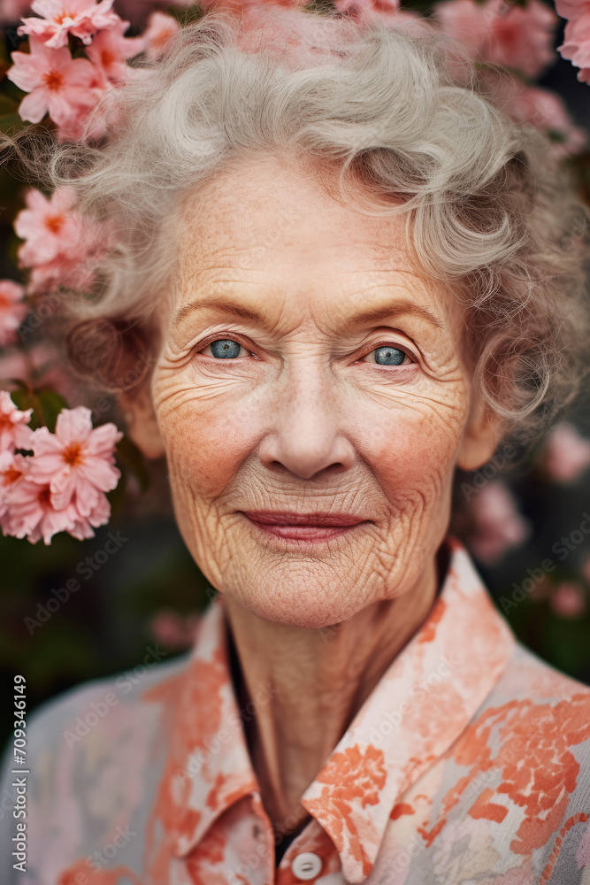 Vertical close up portrait of senior elderly woman with silver hair, blue eyes, surrounded by pink blossoms. Spring time. Graceful Aging Vertical close up portrait of senior elderly woman with silver hair, blue eyes, surrounded by pink blossoms. Spring time. Graceful Aging