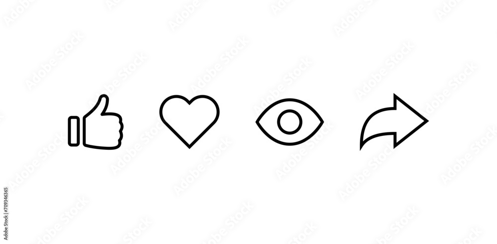 Like, comment, share icon button. social media notification icons set , heart love and thumb up icons , eye views icon - social network post reactions icon collection set. Vector illustration - obrazy, fototapety, plakaty 