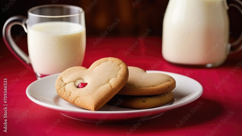 Heart shaped cookies,milk jug and glass of milk on pink table.Valentine's day concept.Mother's day Heart shaped cookies,milk jug and glass of milk on pink table.Valentine's day concept.Mother's day