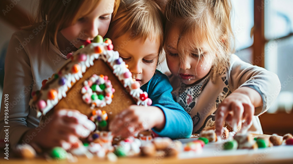 A family building and decorating an Christmas-themed gingerbread house. A picture of joyful family time during Easter preparation with children creating a festive gingerbread house