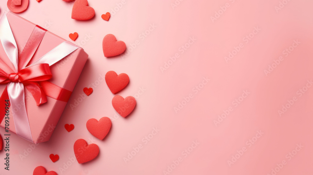 Valentine's day background with hearts and gift box on pink Valentine's day background with hearts and gift box on pink