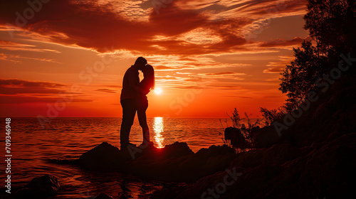 Romantic Sunset Silhouette of Couple Embracing by the Sea