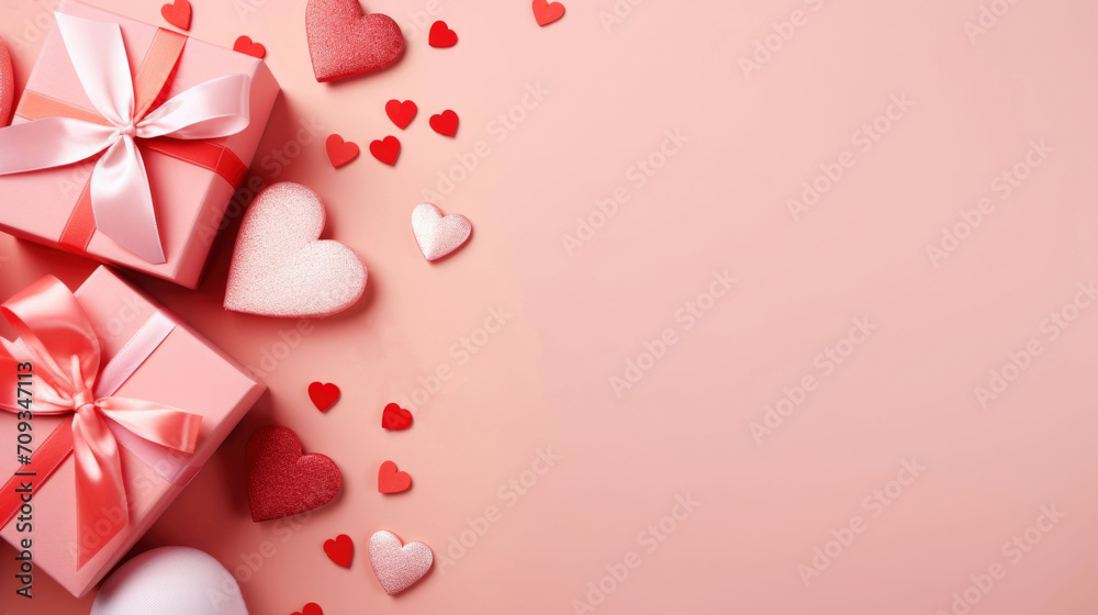 Valentine's day background with hearts and gift box on pink