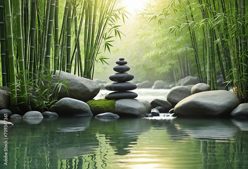 Zen garden meditation spot with bamboo and rocks in serene nature setting