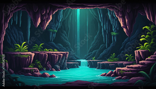 8-bit retro video game background of an underground cavern with stalactites and stalagmites. Seamless vector pixel art game design. photo